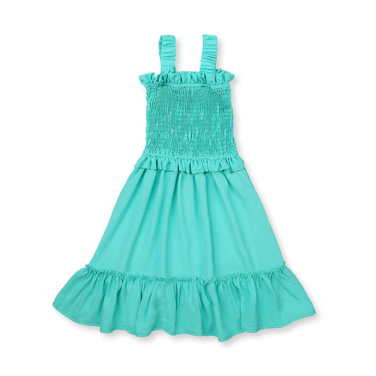Vestido Coqueta para niña de algodón en  verde con diseño fruncido