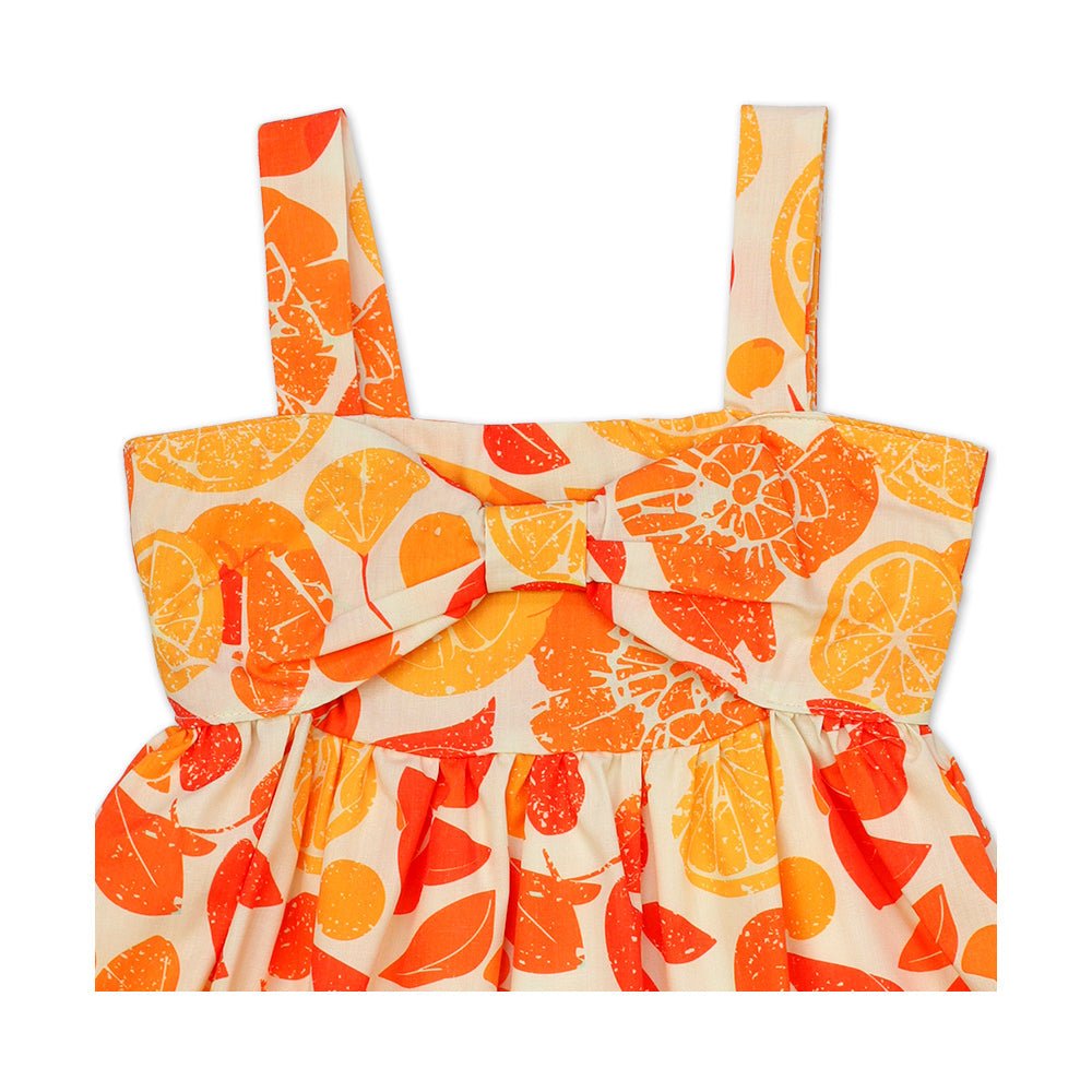 Vestido Coqueta para niña en algodón naranja con estampado frutal y diadema