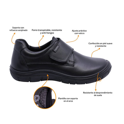 Zapato escolar Audaz para niño de piel en  negro Monkey con tira de contacto Cameron