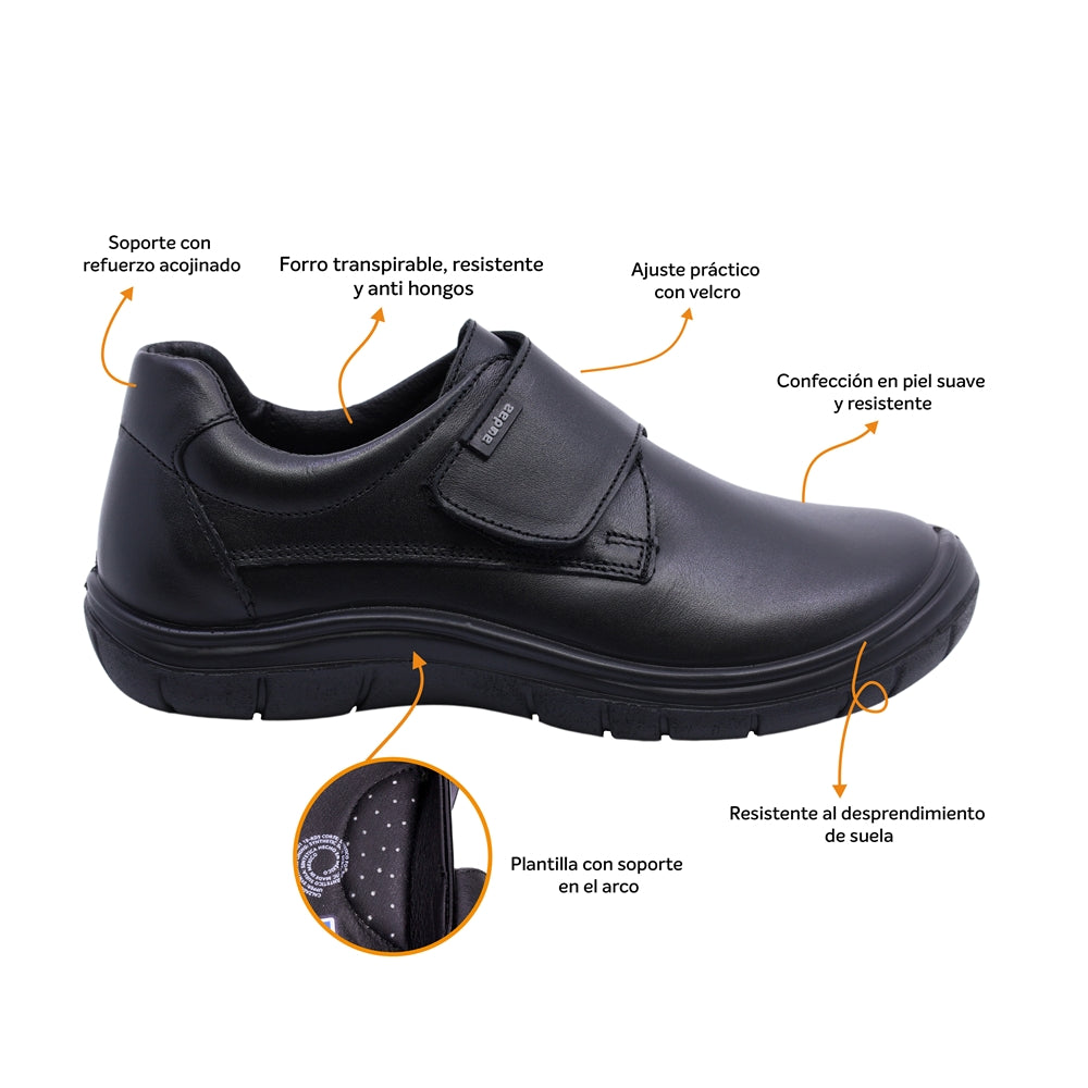 Zapato escolar Audaz para niño de piel en  negro Monkey con tira de contacto Cameron