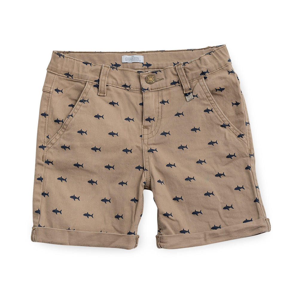 Short Audaz para niño de algodón beige con estampado de tiburones
