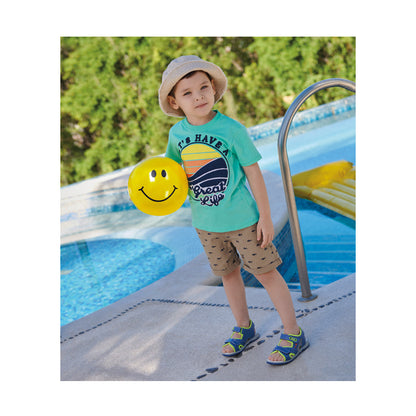 Short Audaz para niño de algodón beige con estampado de tiburones