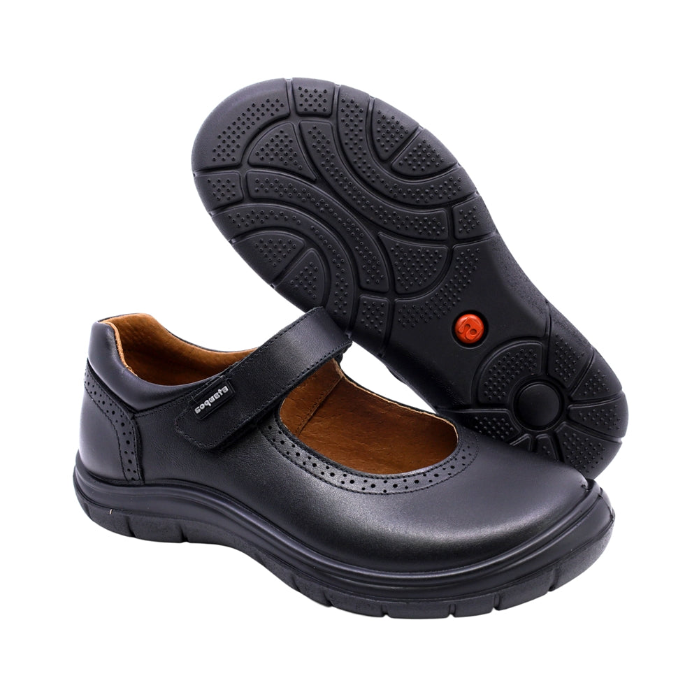 Zapato escolar Coqueta para niña de piel negro Monkey con perforado decorativo