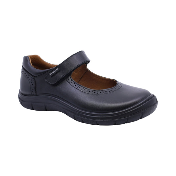 Zapato escolar Coqueta para niña de piel negro Monkey con perforado decorativo