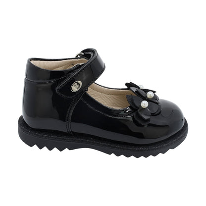 Zapato Coqueta para niña en charol negro Rondy con aplicación floral
