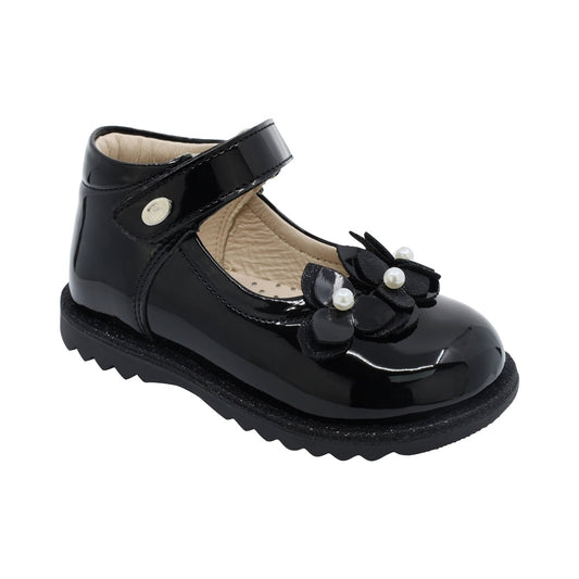 Zapato Coqueta para niña en charol negro Rondy con aplicación floral