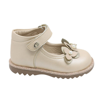 Zapato Coqueta para niña en piel beige Rondy con aplicación floral