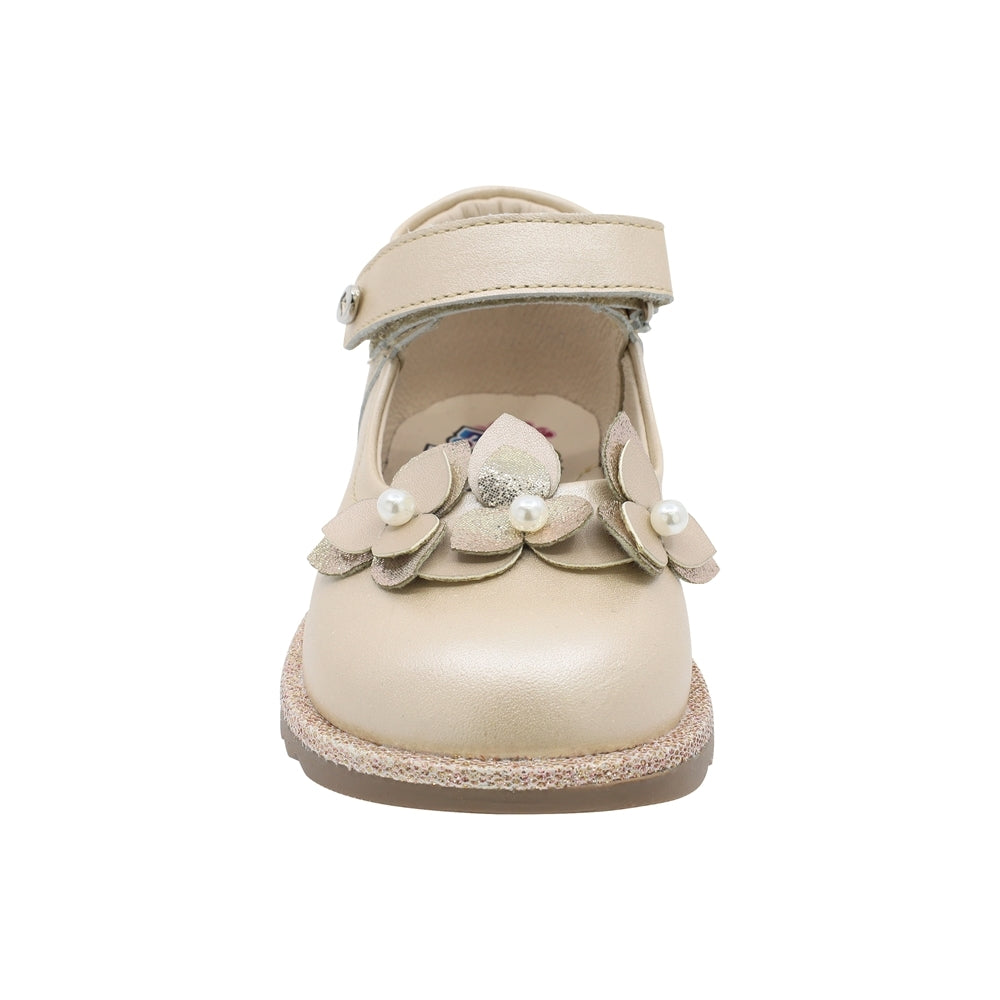 Zapato Coqueta para niña en piel beige Rondy con aplicación floral