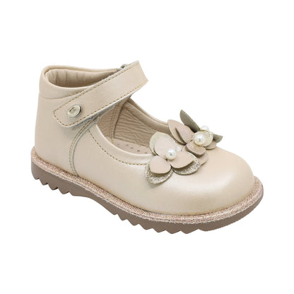 Zapato Coqueta para niña en piel beige Rondy con aplicación floral