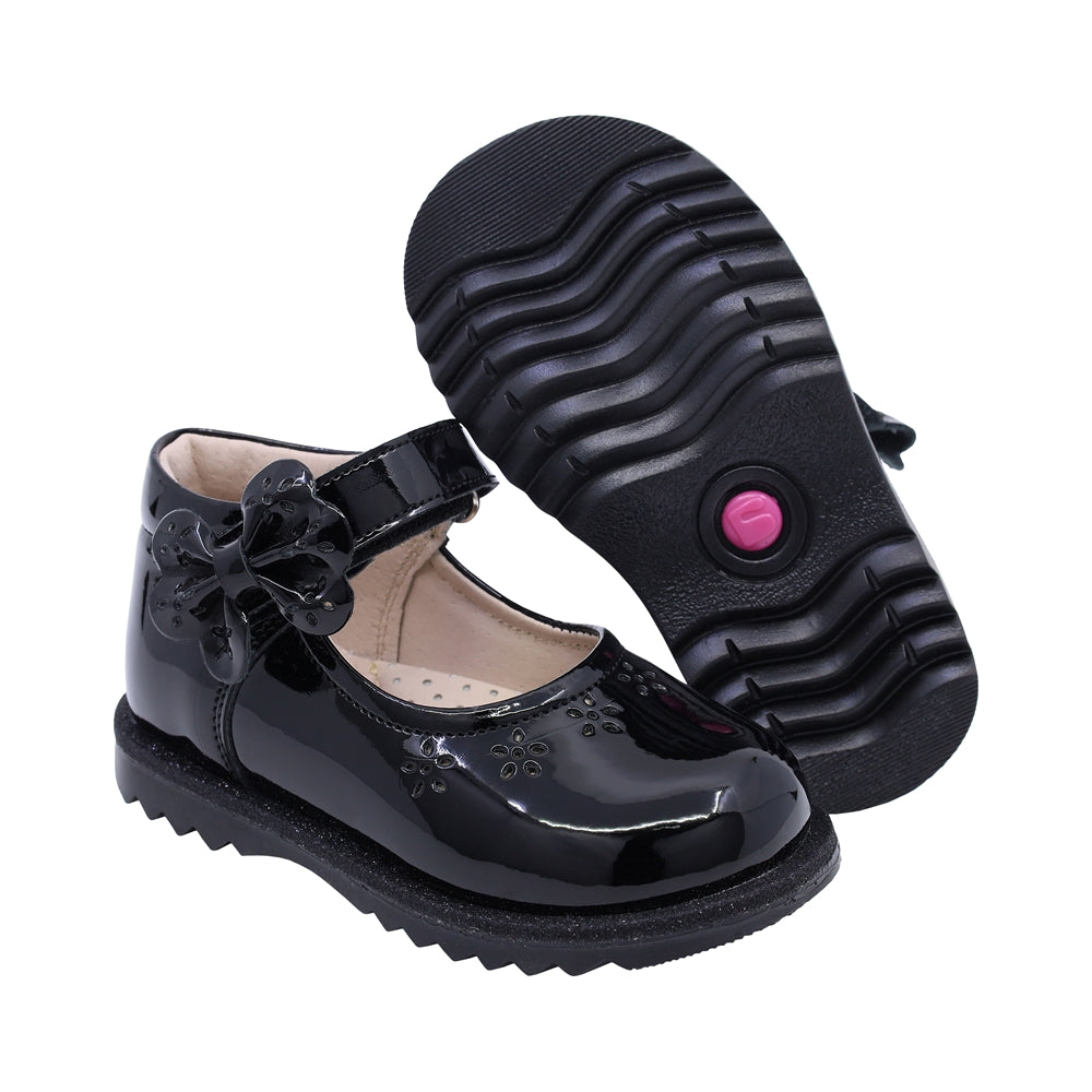 Zapato Coqueta para niña en charol negro Rondy con moño decorativo