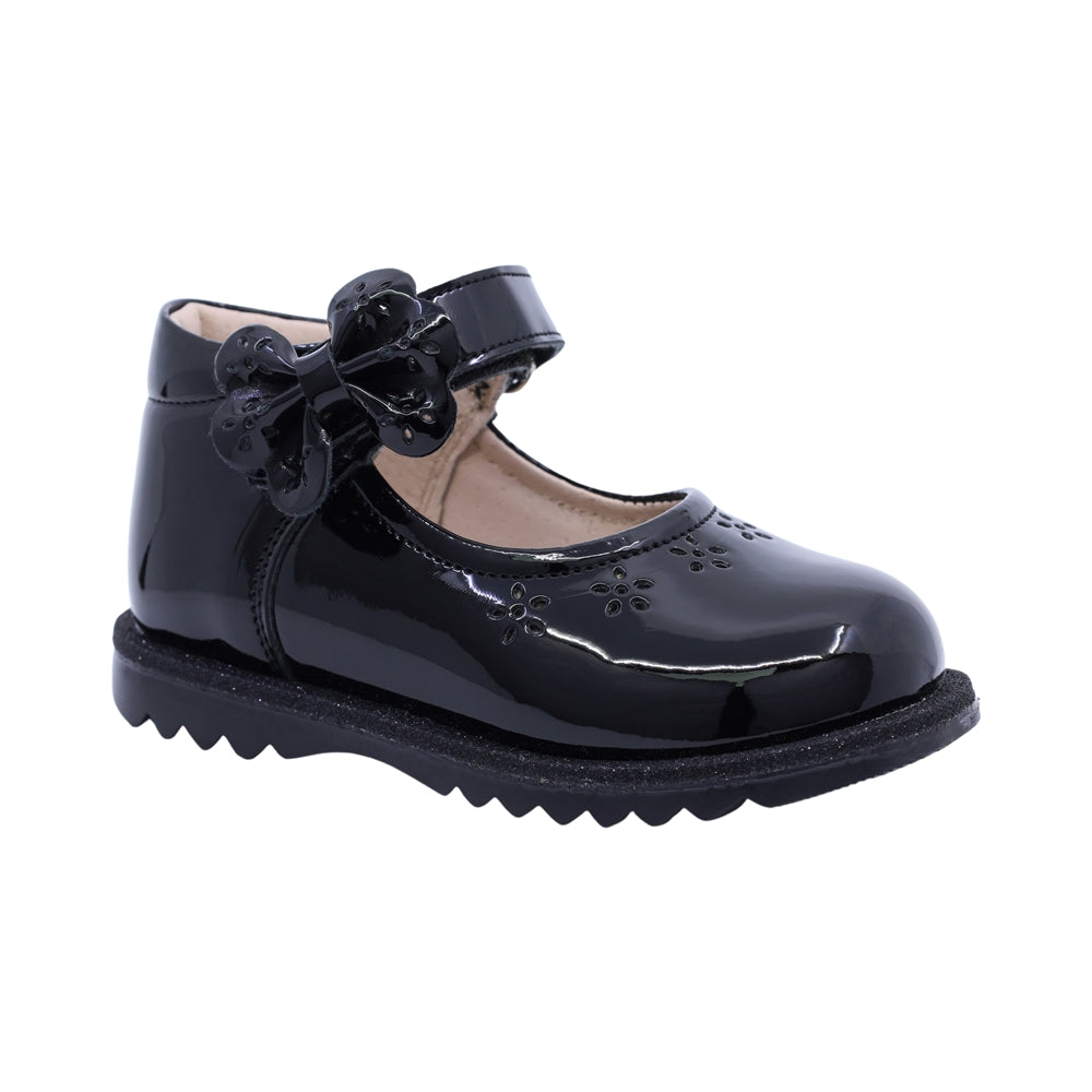 Zapato Coqueta para niña en charol negro Rondy con moño decorativo