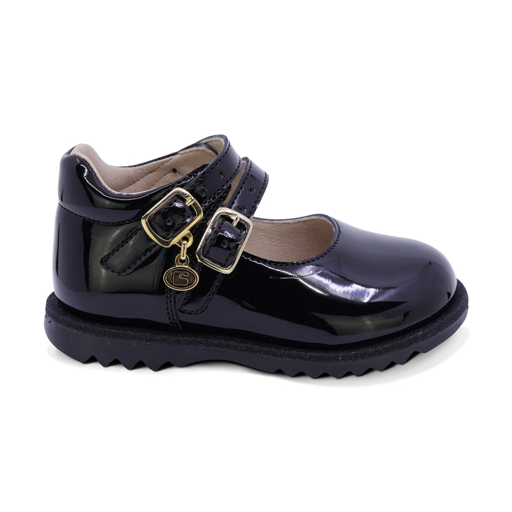ZAPATO COQUETA PARA NIÑA EN CHAROL COLOR NEGRO RONDY CON DOBLE HEBILLA