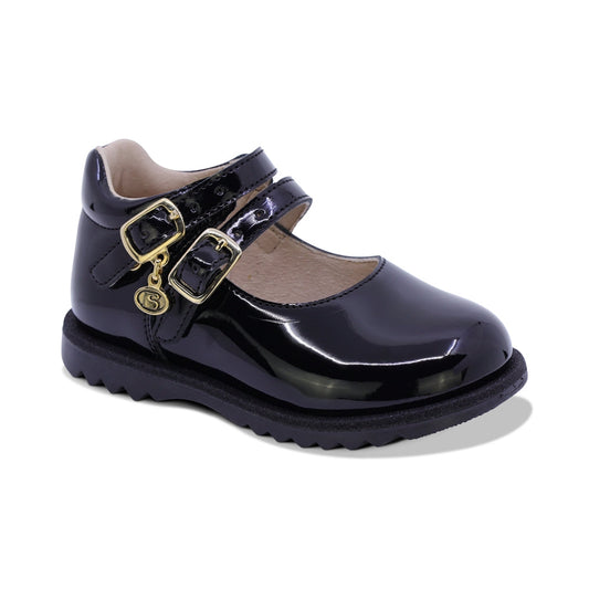 ZAPATO COQUETA PARA NIÑA EN CHAROL COLOR NEGRO RONDY CON DOBLE HEBILLA