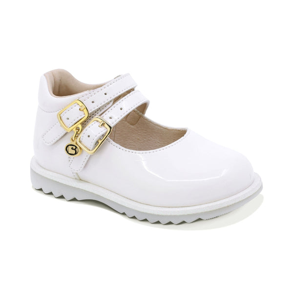 ZAPATO COQUETA PARA NIÑA EN CHAROL COLOR BLANCO RONDY CON DOBLE HEBILLA