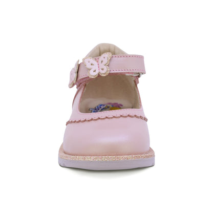 ZAPATO COQUETA PARA NIÑA DE PIEL COLOR ROSA RONDY CON CORREA DE MARIPOSAS