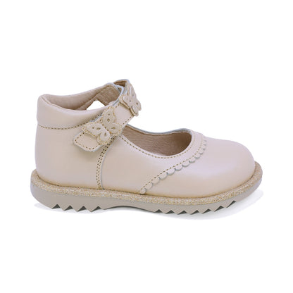 ZAPATO COQUETA PARA NIÑA PIEL COLOR BEIGE RONDY CON TIRA DE CONTACTO