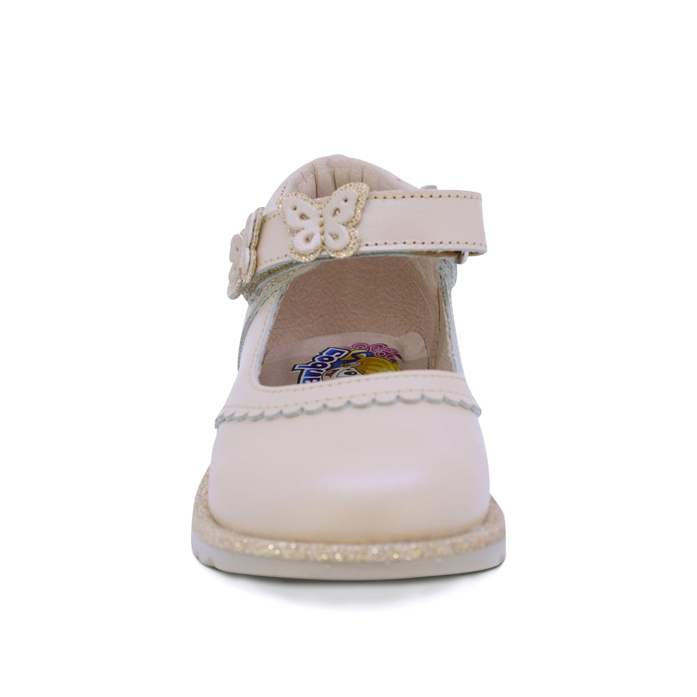 ZAPATO COQUETA PARA NIÑA PIEL COLOR BEIGE RONDY CON TIRA DE CONTACTO