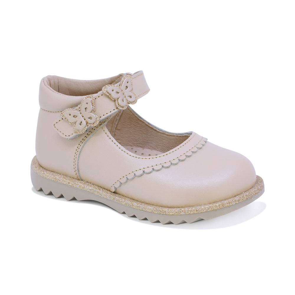 ZAPATO COQUETA PARA NIÑA PIEL COLOR BEIGE RONDY CON TIRA DE CONTACTO