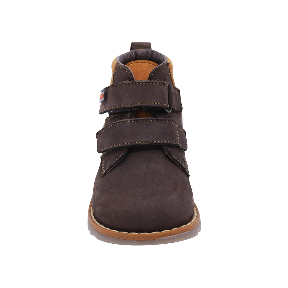 Bota Audaz para niño en piel café Rondy con doble tira de contacto