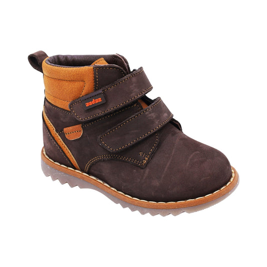 Bota Audaz para niño en piel café Rondy con doble tira de contacto
