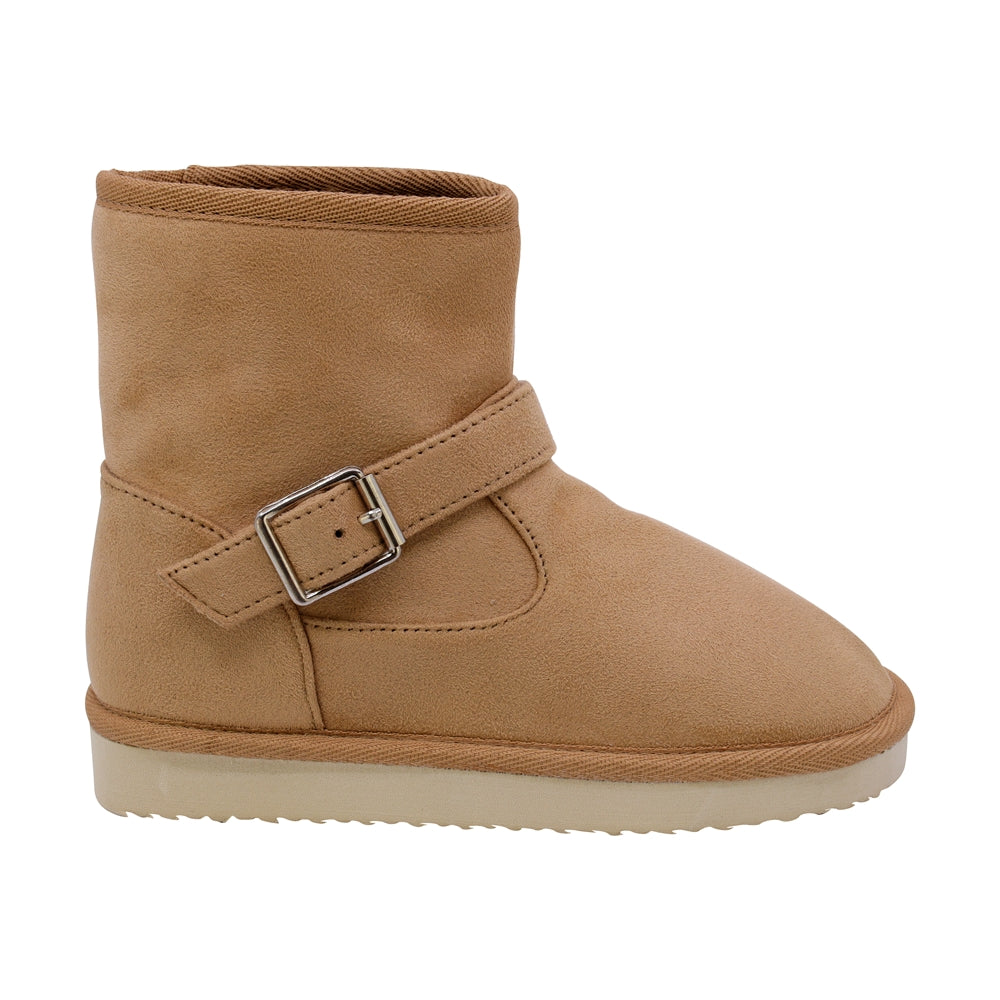 BOTA COQUETA PARA NIÑA DE SINTÉTICO COLOR MIEL TABIQUE CON HEBILLA
