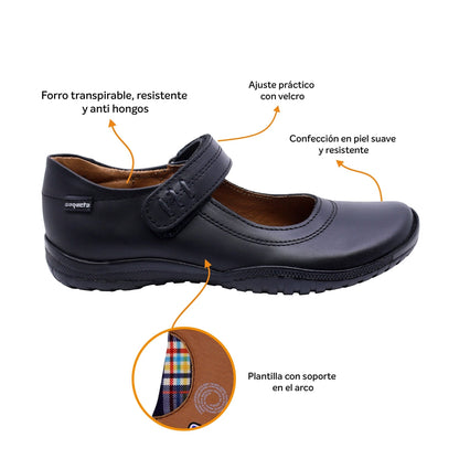 Zapato Escolar Coqueta para niña en piel negro Georgina con tira de contacto