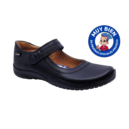 Zapato Escolar Coqueta para niña en piel negro Georgina con tira de contacto