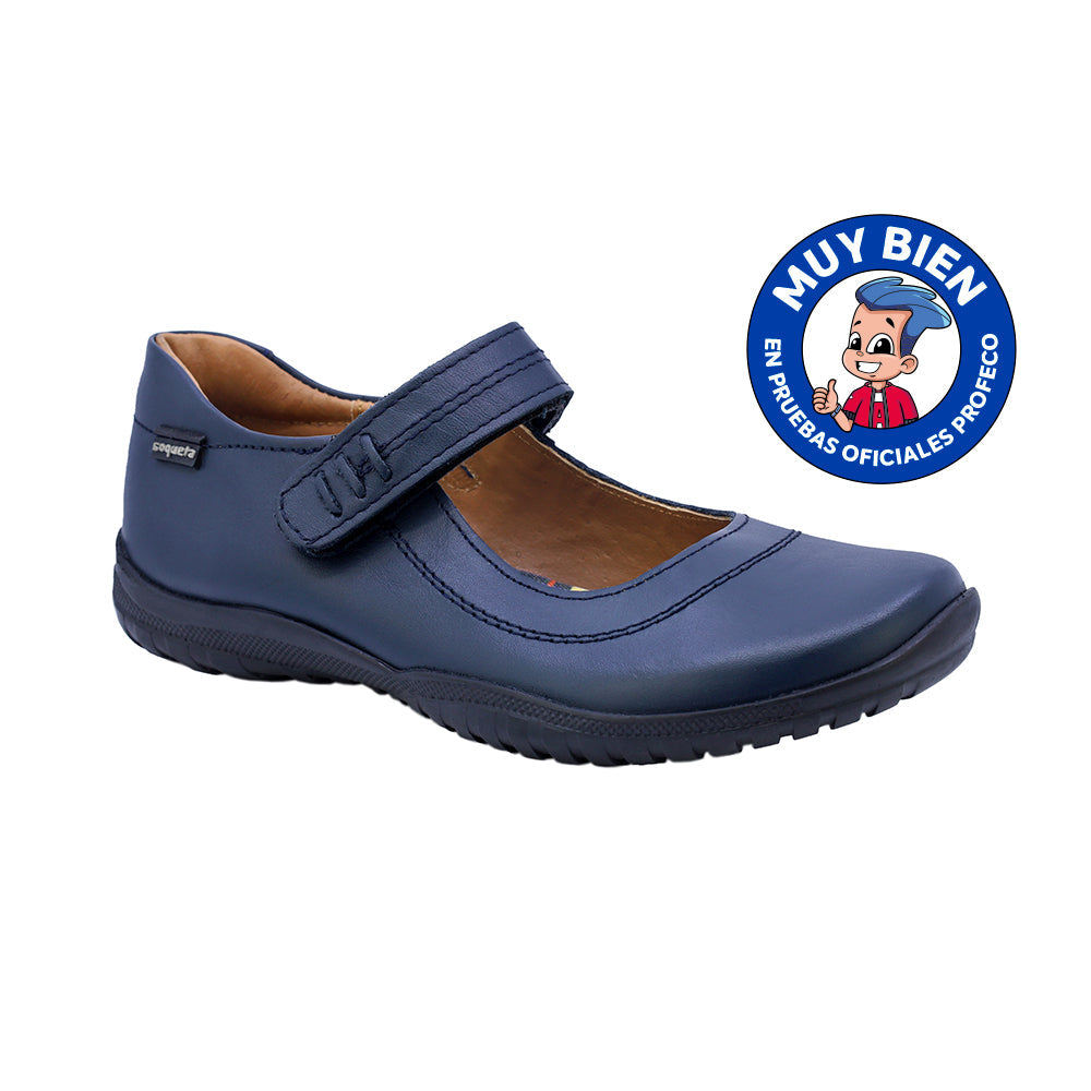 Zapato Escolar Coqueta para niña en piel azul Georgina con tira de contacto