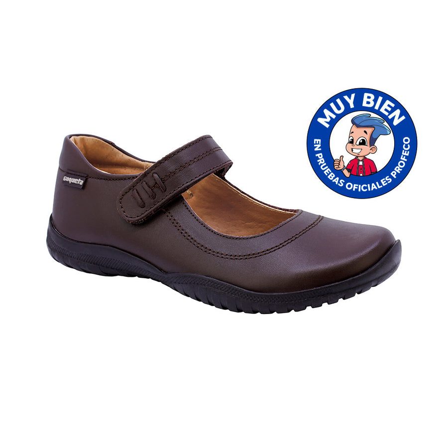 Zapato Escolar Coqueta para niña en piel café Georgina con tira de contacto
