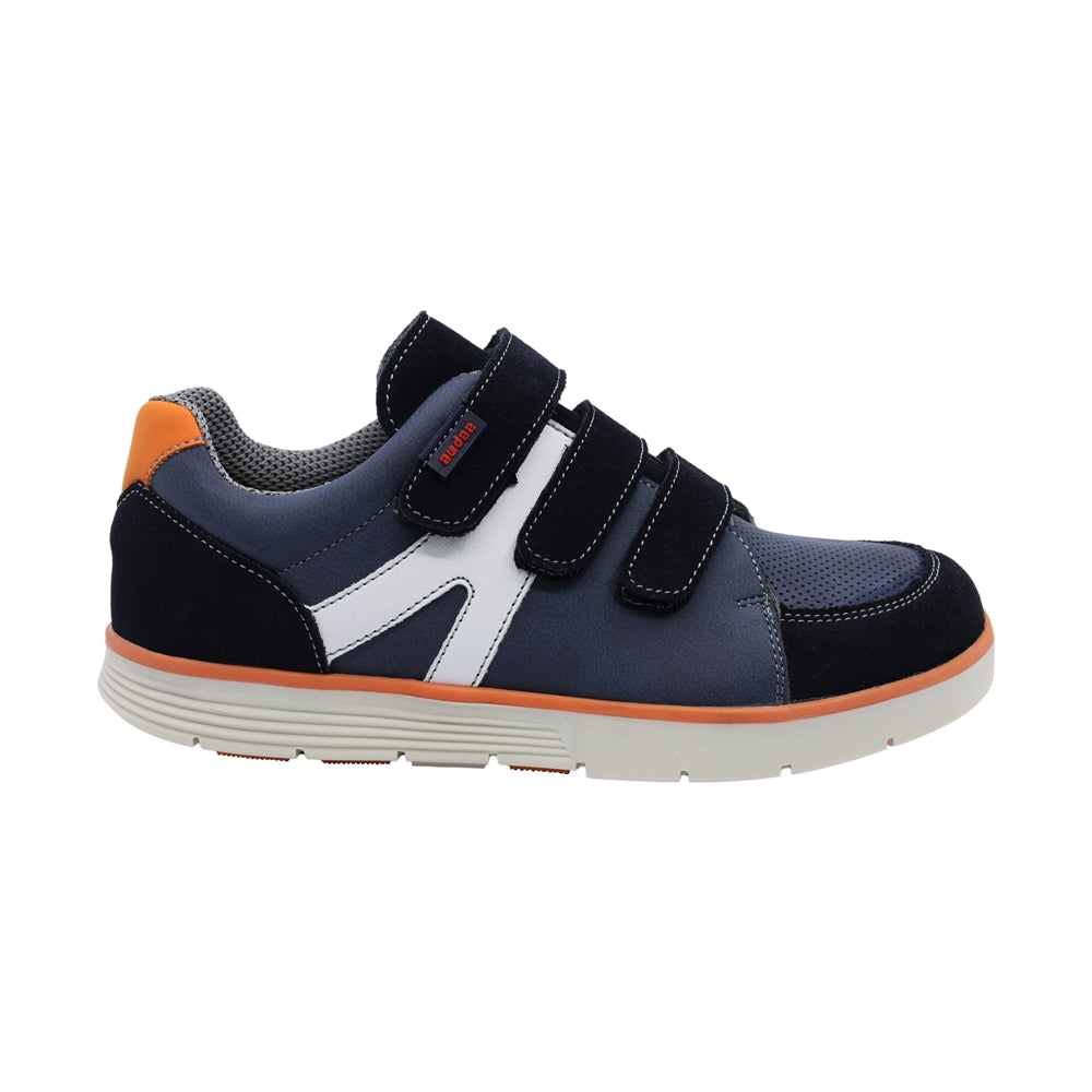 Tenis Audaz para niño en piel azul Justin con triple tira de contacto