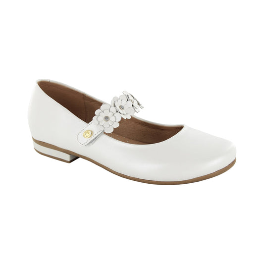 Zapatilla Coqueta para niña de piel perla Miranda con flores decorativas