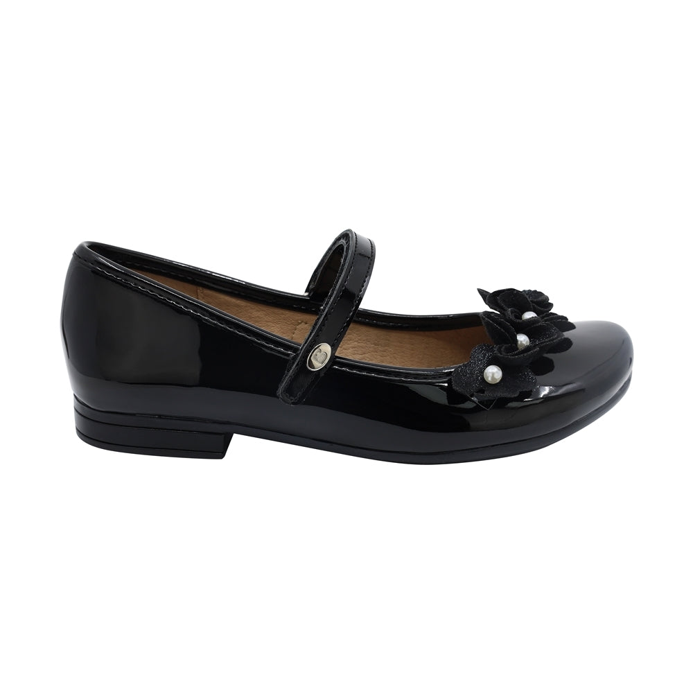 Zapatilla Coqueta para niña en charol negro Miranda con flores decorativas