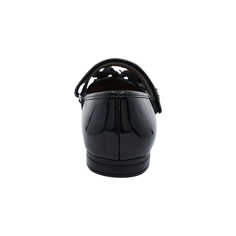 Zapatilla Coqueta para niña en charol negro Miranda con flores decorativas