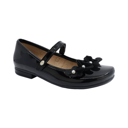 Zapatilla Coqueta para niña en charol negro Miranda con flores decorativas