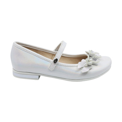 Zapatilla Coqueta para niña en sintético perla Miranda con flores decorativas