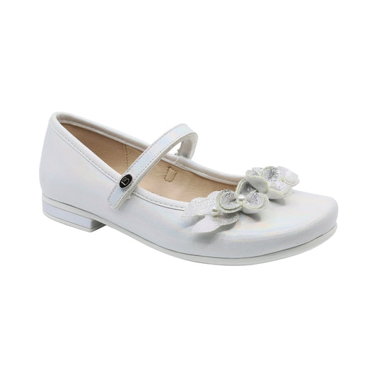 Zapatilla Coqueta para niña en sintético perla Miranda con flores decorativas