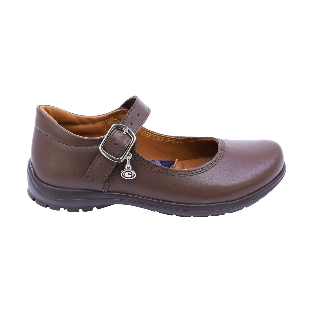 Zapato escolar Coqueta para niña de piel café Danna con hebilla