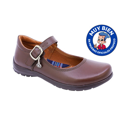 Zapato escolar Coqueta para niña de piel café Danna con hebilla