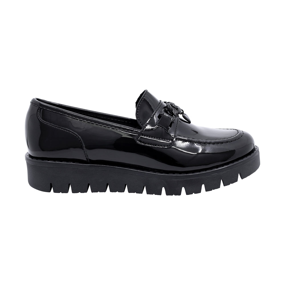 Mocasín escolar Coqueta para niña de charol negro Florence con lazo decorativo
