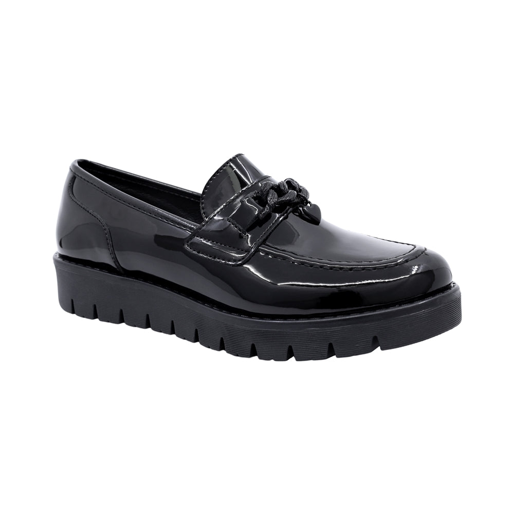 Mocasín escolar Coqueta para niña de charol negro Florence con lazo decorativo