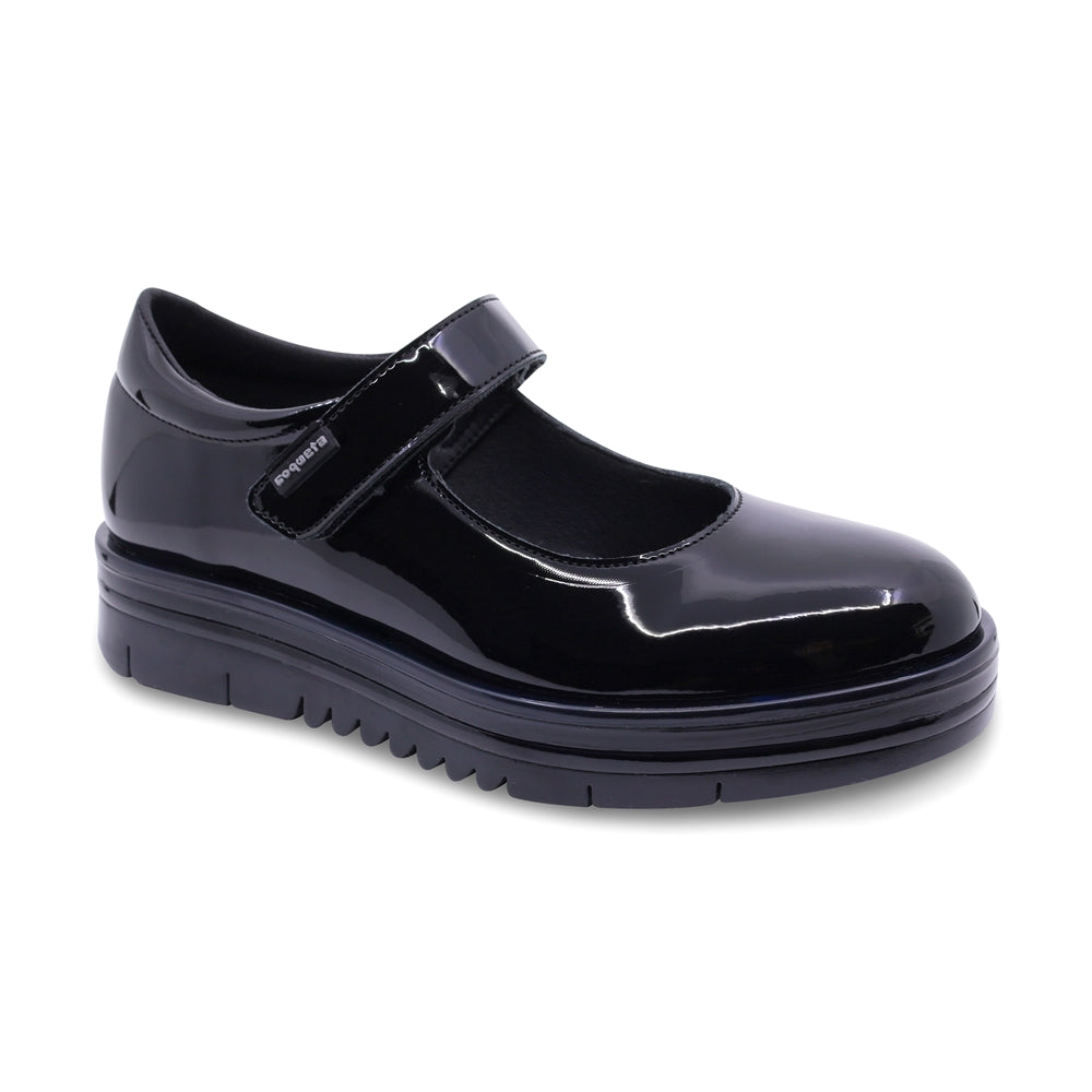 Zapato escolar Coqueta para niña en charol negro Nora con tira de contacto