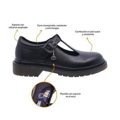 Zapato escolar Coqueta para niña de piel negro Martín con diseño tipo T