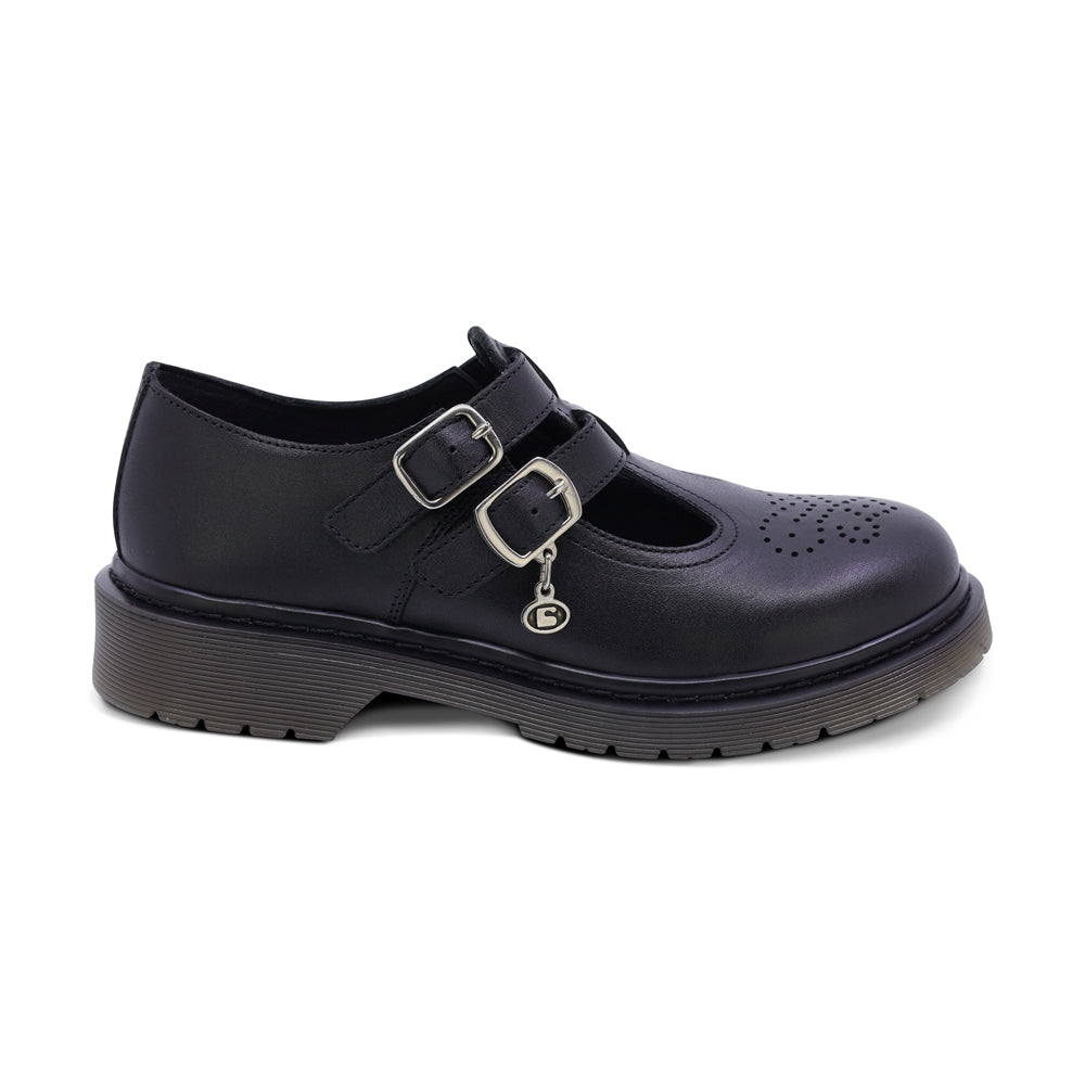 Zapato escolar Coqueta para niña de piel en negro Martín con perforado