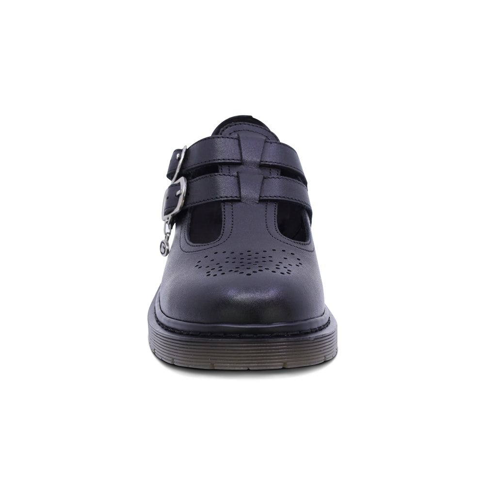 Zapato escolar Coqueta para niña de piel en negro Martín con perforado