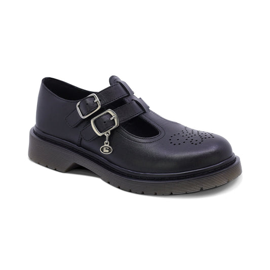 Zapato escolar Coqueta para niña de piel en negro Martín con perforado