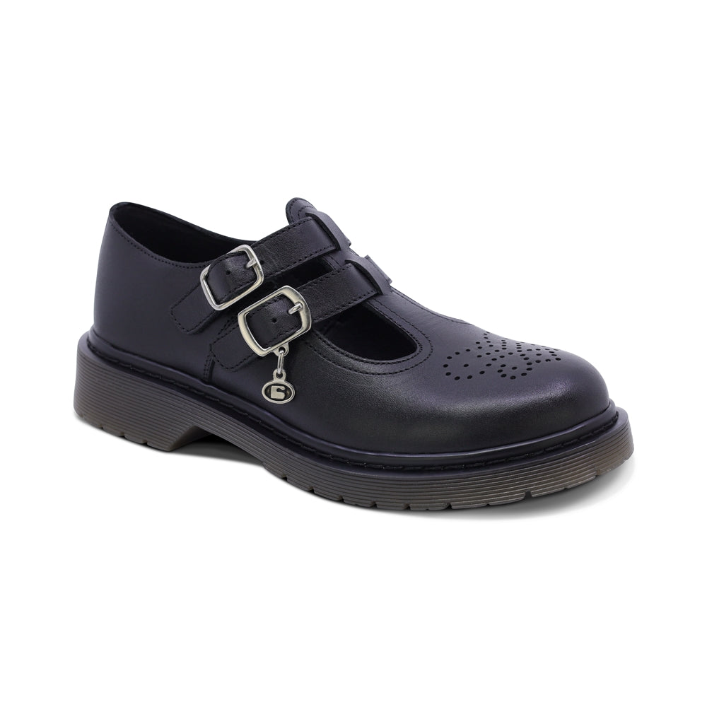Zapato escolar Coqueta para niña de piel en negro Martín con perforado
