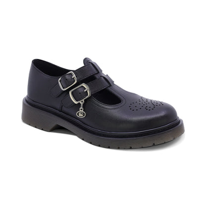 Zapato escolar Coqueta para niña de piel en negro Martín con perforado