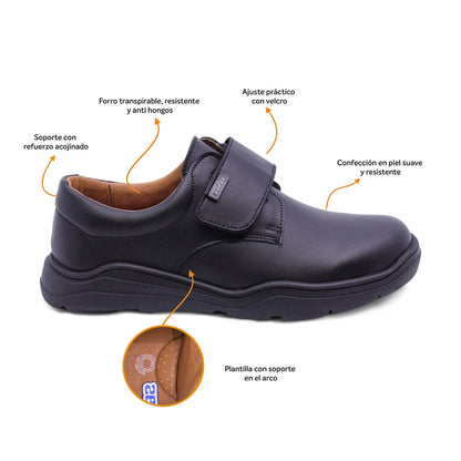Zapato escolar Audaz para niño de piel en negro Pilatus con tira de contacto