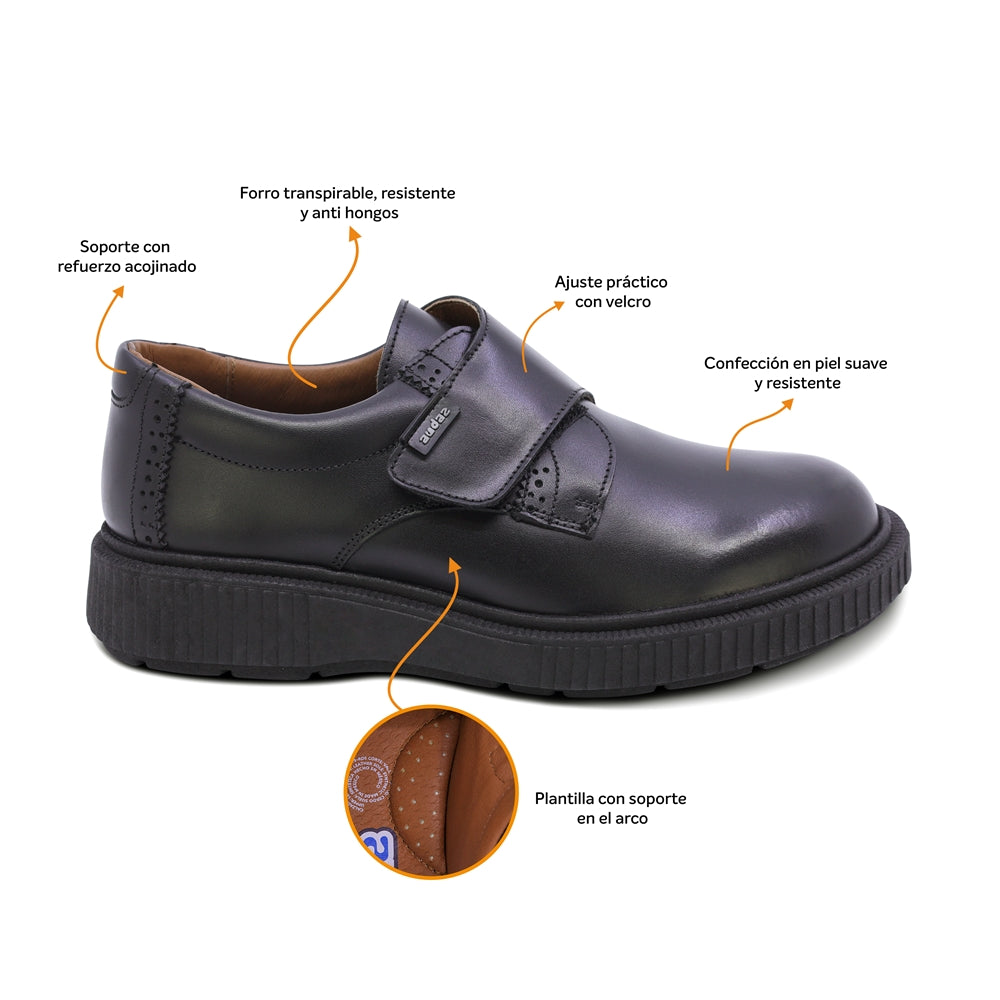 Zapato escolar Audaz para niño de piel en negro Igor con tira guresa de contacto