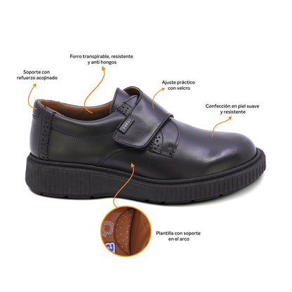 Zapato escolar Audaz para niño de piel en negro Igor con tira guresa de contacto